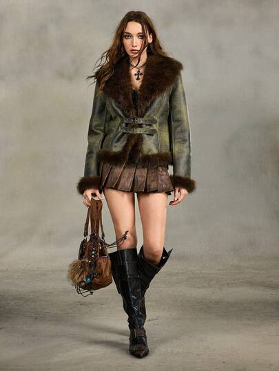 Grunge Punk Damen Vintage grüne Distressed Wash PU Patchwork Kunstfell Jacke