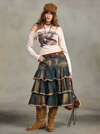 Grunge Punk Gonna di jeans mini con volant e frange, con tasche, stile vintage estivo per donna