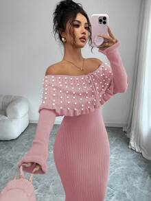 Rafferiza 女士纯色蝴蝶结长袖弹力修身露肩针织连衣裙，法式优雅仿珍珠装饰露肩大翻领针织连衣裙，秋冬针织长裙，返校季针织连衣裙，音乐节，圣诞节，仙女装，秋季婚礼宾客礼服 - 粉色 - 查看 4
