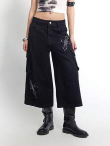 Casual Comfortable Fashion Cargo Style Loose Cross Pattern Capri Pants - Black - View 3
