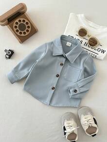 SHEIN 3pcs/Set Baby Boys' Casual Versatile Turndown Collar Front Button Chest Pocket Long Sleeve Tops