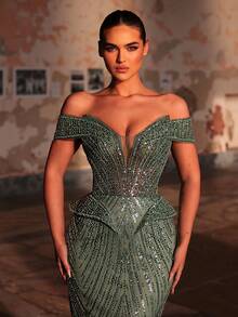 Glamrae Elegant Luxurious Off Shoulder Faux Pearl & Sequin Floral Mermaid Dress, Suitable For Weddings, Parties, Vacations, Galas, Formal Events (Heavy Embellishment) Green - Green - View 8