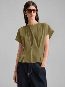 Ontre Women's Gathered Cap Sleeve Round Neck Cap Sleeve Top, Urban Commute Business Casual Wear, Elegant For Outings, Dates, Weddings, Vacations - Army Green - View 5