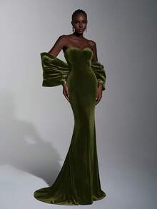 Elitara 优雅、浪漫、性感、简约、深紫色面料、水钻装饰、蝙蝠袖、鱼尾裙摆、拖尾、露背、时尚、网红、节日、度假、生日派对、婚礼、正式晚宴礼服 - 橄欖綠 - 查看 2