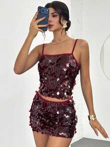 Firerie Women's Elegant Party Glitter Sequin Camisole Spaghetti Strap Sleeveless Party Clubwear Top - Burgundy - View 7