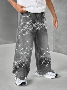 Young BoyLoose Fit Rhinestone Embellished Black Denim Pants - Light Grey - View 6