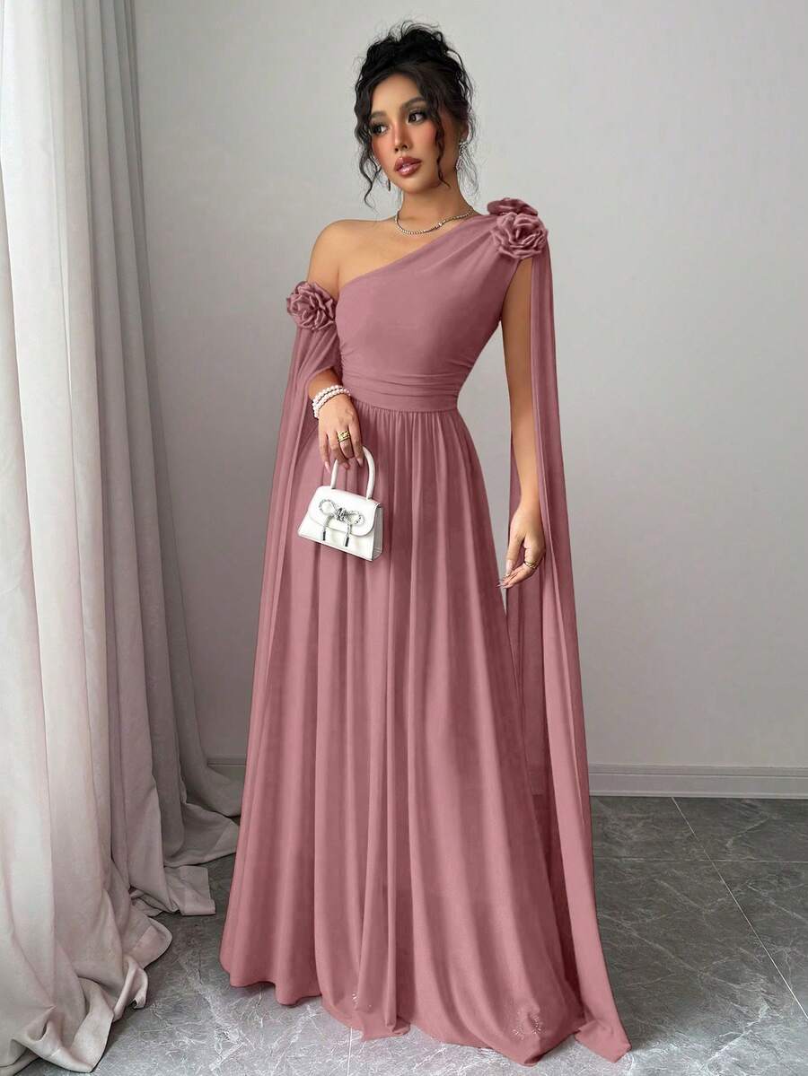 Rafferiza Red Ruched Ruffle Mesh Dress, Elegant Party Gown With Extra Long Sleeves, Suitable For Valentine's Day - Dusty Pink - View 1