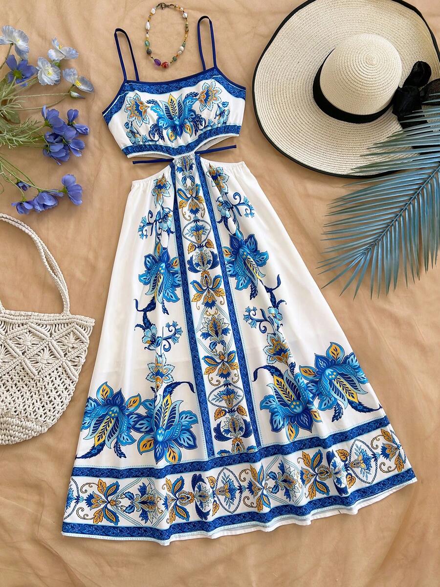 Soleia 女士夏季休闲度假植物印花镂空吊带连衣裙 - 彩色 - 查看 1