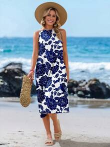 Vestido azul y blanco de estampado floral estilo midi casual, apropiado para primavera/verano para mujeres - Multicolor - Ver 1