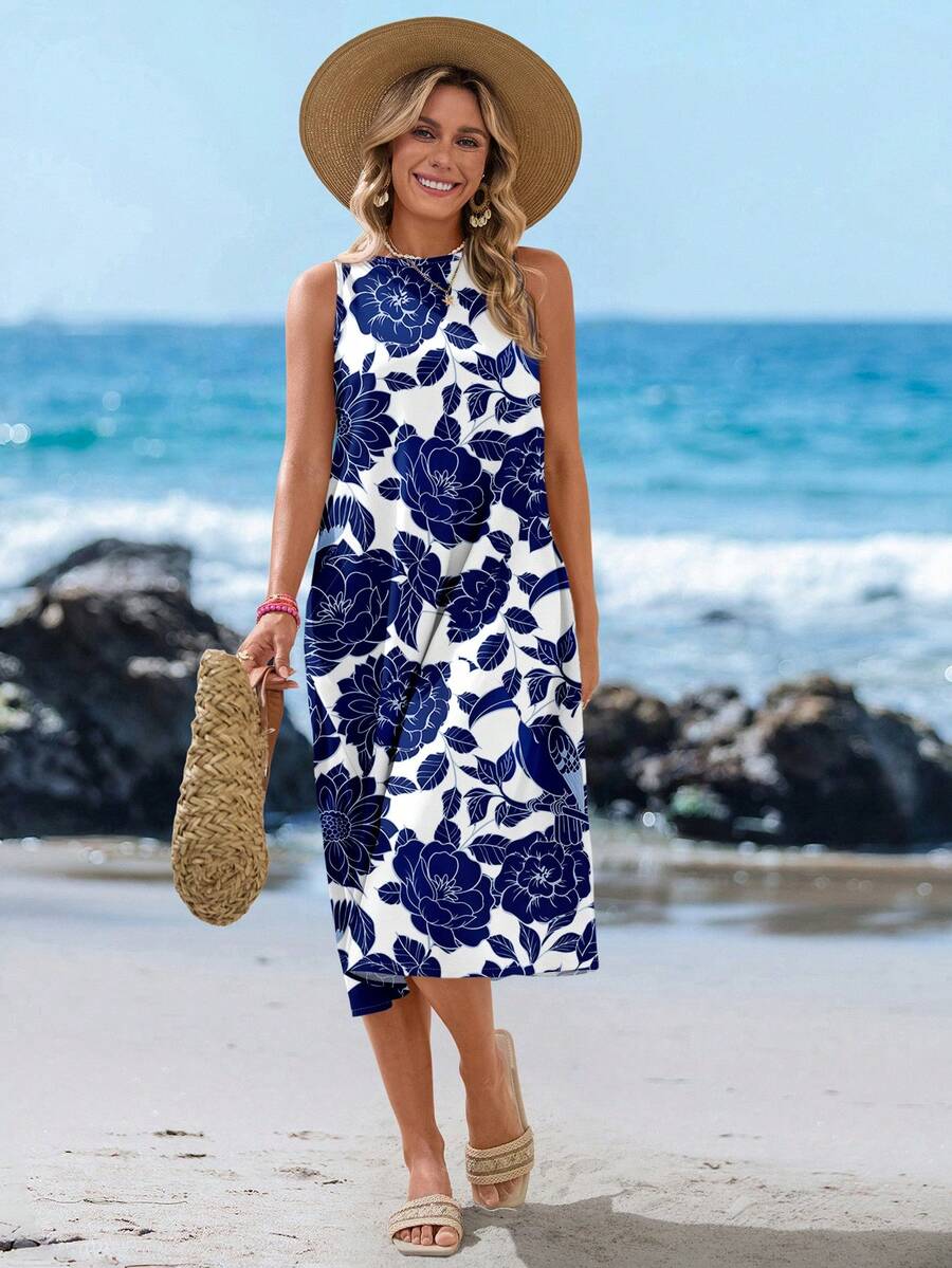 Vestido azul y blanco de estampado floral estilo midi casual, apropiado para primavera/verano para mujeres - Multicolor - Ver 1