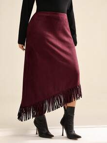 Auralis Plus-Size Women's Autumn/Winter Fashionable, Elegant, Comfortable, And Everyday Suede Burgundy Tassel Long Skirt,Fall Outfits,Women Bottom,Street Wear,Music Festival Outfits For Spring, Spring Outfits For Women Burgundy Skirt Fringe Skirt Maroon Skirt Western Skirt - Burgundy - View 4