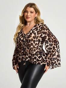 Truni Fall Clothes For Women,WinterPlus Size Women Leopard Print Tie Front Flare Sleeve Fashionable T-Shirt, Leopard Print - Brown - View 3