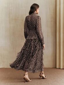 Anewsta Đầm dài tay dáng đuôi cá, cổ bẻ, màu nâu cà phê kiểu Pháp cổ điển, chất liệu jacquard chấm bi, dành cho nữ. - Cà phê nâu - Xem 5