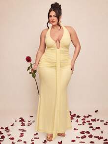 SHEIN BAE 大码女士优雅黄色长裙，性感情人节连衣裙 - 黃色 - 查看 6