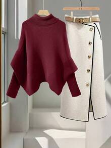 GlowEve Women's High Neck Asymmetrical Poncho Loose Sweater, Elegant Navy Blue, Batwing Sleeve, Fashionable & Versatile, Autumn/Winter - Burgundy - View 3
