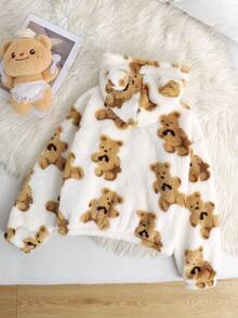 SHEIN Áo khoác ngắn kiểu gấu bông có mũ, lót ấm, tai 3D dễ thương, hai mặt, dành cho bé gái tuổi teen, thích hợp mặc mùa thu/đông. - Màu be - Xem 2