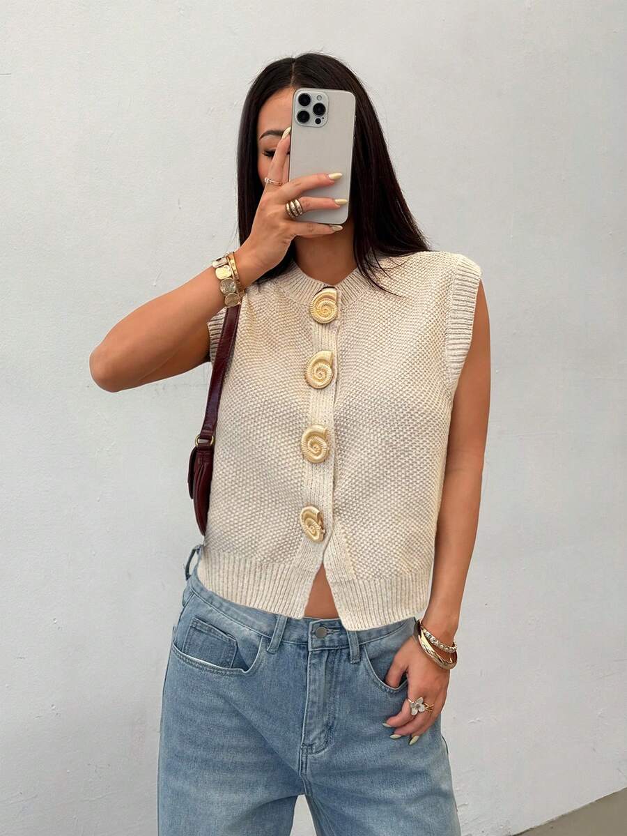 SHEIN PETITE Women's Casual Commuter Metal Buckle Knit Cardigan,Fall - White - View 1