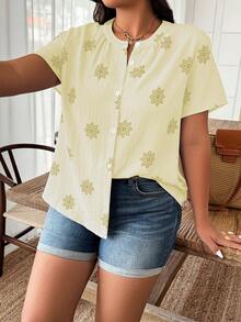 SHEIN Clasi Plus Size Random Floral Print Casual Short Sleeve Shirt - Yellow - View 4