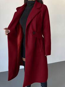 Firerie 女士休闲日常通勤简约纯色翻领双排扣保暖长款大衣，秋冬款 - 紅色 - 查看 3