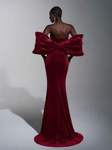 Elitara Elegant Dark Purple Velvet Formal Gala Dress, Backless Rhinestone Decor Batwing Sleeves Fishtail Hem Train, Birthday Wedding Event Gown - Burgundy - View 1