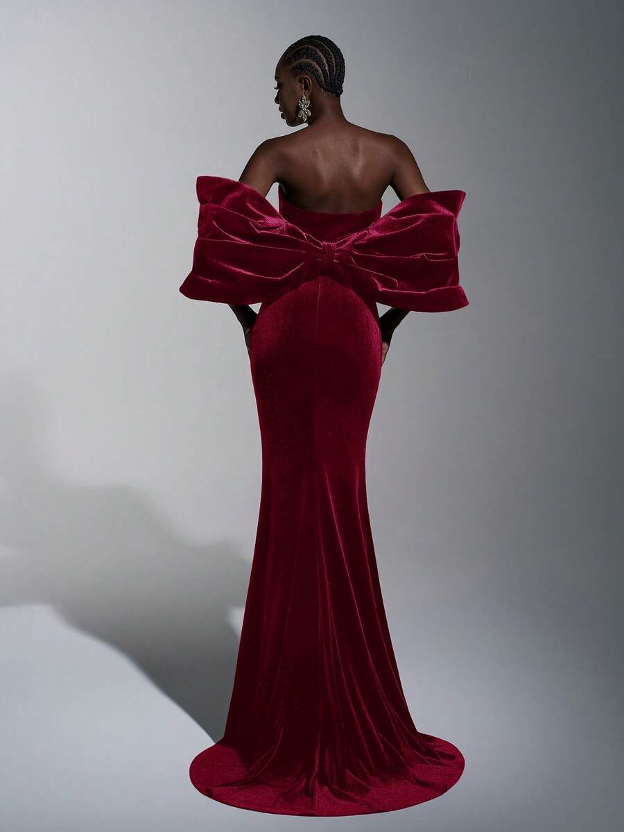 Elitara Elegant Dark Purple Velvet Formal Gala Dress, Backless Rhinestone Decor Batwing Sleeves Fishtail Hem Train, Birthday Wedding Event Gown - Burgundy - View 1