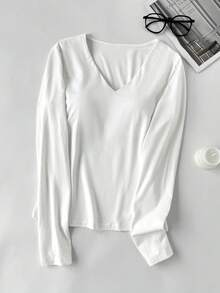 SHEIN EZwear 两件套女士深V领加垫紧身休闲长袖T恤套头衫，适合秋冬季穿着 - 彩色 - 查看 8