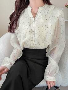 FRIFUL 女士优雅通勤波点印花荷叶边下摆衬衫