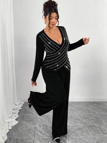 EMERY ROSE Plus Size Soft Knit Ribbed Fabric Criss-Cross Long Sleeve T-Shirt + Soft Ribbed Wide Leg Pants Casual Homewear 2 Pieces Set - Black - View 7
