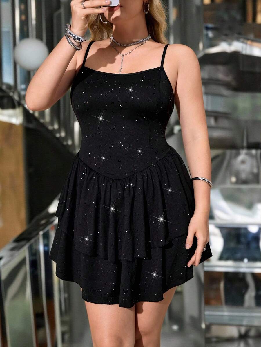 Hourglow Plus Size Women Solid Color Shiny Pleated Slip Dress For 2026 New Year, For Hourglass Body Shape