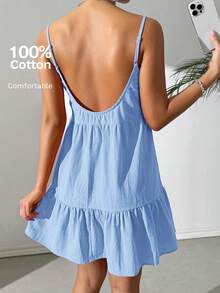 SHEIN EZwear Đầm mini thường ngày màu trơn cho nữ, viền bèo nhún, kiểu dáng đơn giản, mặc hàng ngày - Màu xanh nhạt - Xem 7