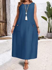 EMERY ROSE Plus Size Summer Casual Solid Color Sleeveless Dress With Dual Pockets, Breathable & Soft/Spring/Vacation - Blue - View 3