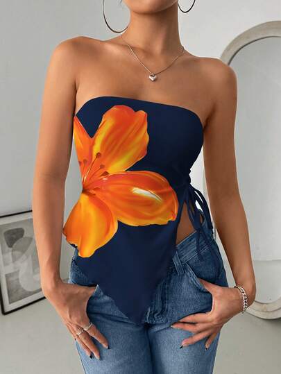 EMERY ROSE Women's Floral Print Tie-Front Crop Top With Asymmetric Hem, Fashionable Summer