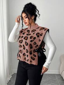 Elenzga Áo len dệt kim dáng rộng không tay buộc dây họa tiết da báo thanh lịch dành cho nữ, cỡ lớn, phù hợp mặc ngoài mùa thu/đông - Màu Hồng baby - Xem 6