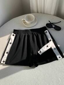 SHEIN EZwear Women's Color-Contrast Edge Button Design Shorts - Black and White - View 7