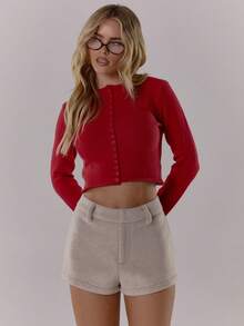 MUSERA Cropped Fitted Button Down Knit Cardigan Classy Cute Sexy Streetwear Night Out Winter Evening Party Elegant    Valentines Spring - Red - View 5