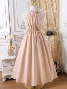 1pc Elegant Sleeveless Woven Solid Color Halter Neck Patchwork Asymmetric Hem Dress, Suitable For Teen Girls, Party & Wedding Guest Dress