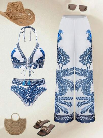 Swim Oasis Conjunto de bikini con lazo y pareo con estampado de loro azul en estilo de resort de lujo para mujer, Conjunto de bikini y pareo con estampado de paisley aleatorio, escote en V profundo y flecos en estilo boho para mujer, Conjunto de 3 piezas con estampado de porcelana azul y blanco en estilo bohemio para mujer para playa y piscina