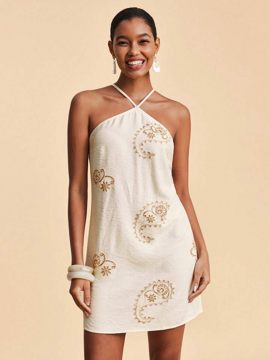 Travachic 女士度假休闲腰果花刺绣露背吊带迷你连衣裙 - 杏色 - 查看 1