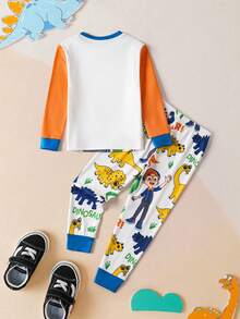 Blippi X SHEIN 两件套男童卡通可爱休闲恐龙卡通人物图案T恤和恐龙印花打底裤睡衣套装 - 白色 - 查看 2