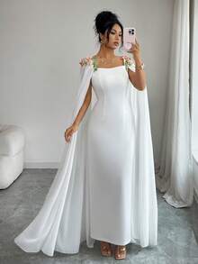 SHEIN Elenzya 女士花卉刺绣方领宽松泡泡袖优雅连衣裙，春夏婚礼 - 白色 - 查看 7