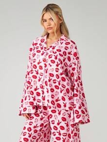 Missguided x Playboy 唇印兔子睡衣套装，纽扣前襟衬衫，长袖长裤，家居服，睡衣，居家服，情人节假日 - 粉色 - 查看 3