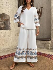 EMERY ROSE Women's V-Neck Graphic Print Top And Pants Casual Vacation 2 Pieces Set Boho Two Pieces Set Women Vacation Outfit Sets Women's 2 Pieces Summer Sets Pant Suit Summer Sets Boho For Women Vacation Outfits Women Casual - Multicolor - View 7