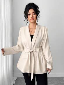 Elenzga 大码女式新款优雅褶皱设计通勤西装外套，秋冬 - 杏色 - 查看 3