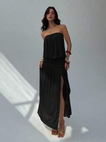 Aloruh Women's New Apricot Sleeveless Backless Dress With Drape Design, Summer - Black - View 5