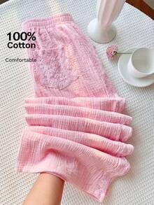 Comfortcana Celana Panjang Wanita Kasual Warna Pink dengan Motif Renda dan Potongan Lebar, Musim Panas - Baby Pink - View 6
