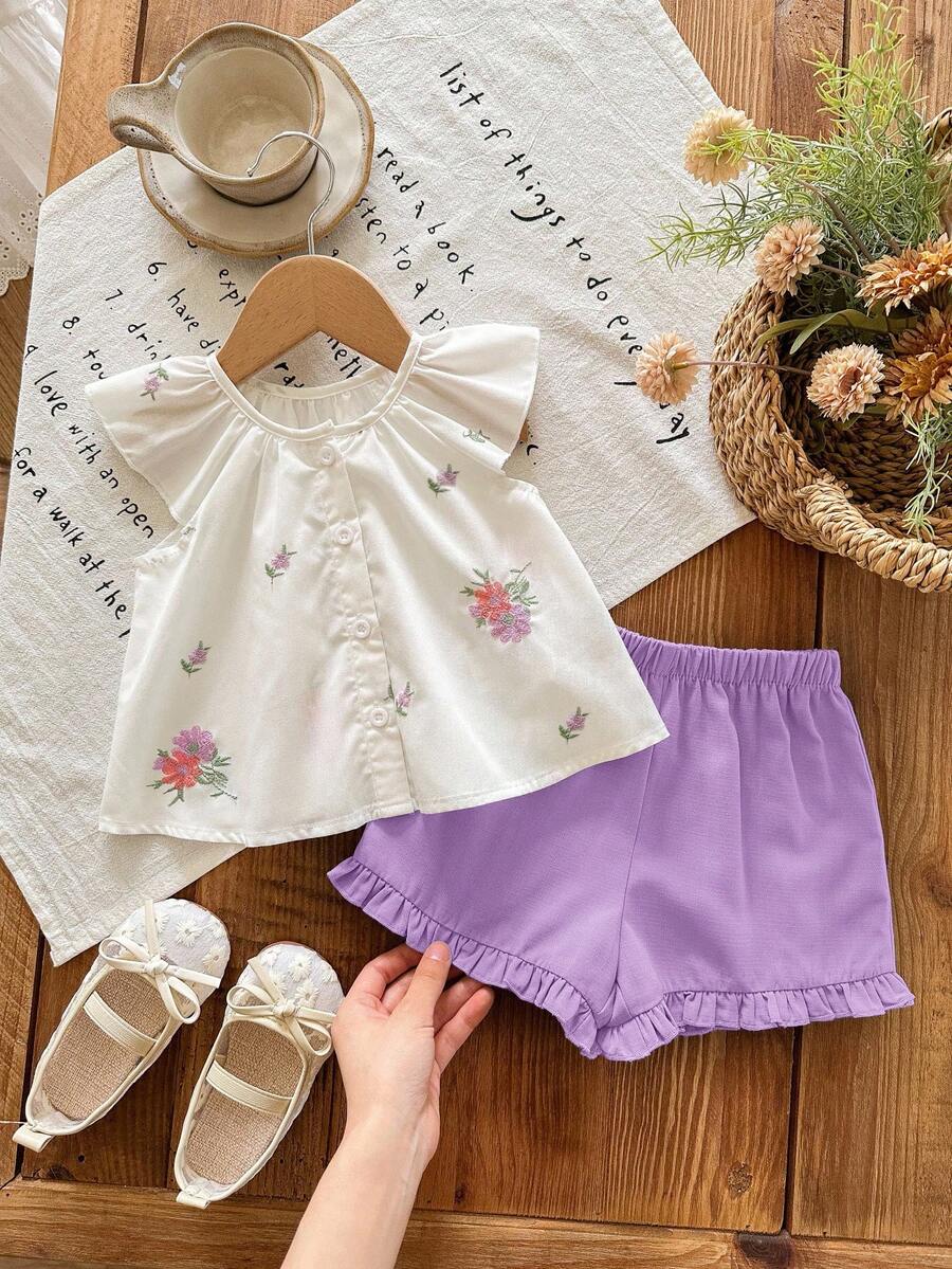 SHEIN LMoss Kids Conjunto de blusa de manga corta con bordado floral y pantalones cortos morados para bebé niña recién nacida, de verano - Morado - Ver 1