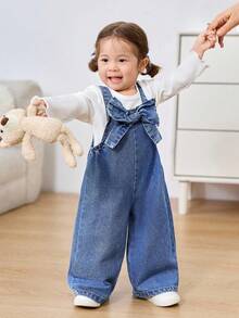 SHEIN 女婴3D蝴蝶结装饰蓝色牛仔宽松连体裤 - 深色水洗藍 - 查看 8