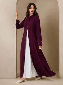 Graceveil Women's Elegant Fitted Abaya Robe, Solid Color, Autumn/Winter - Burgundy - View 3