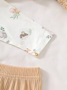 SHEIN 3pcsNewbornBaby Cartoon-Printed Autumnwhite Long-Sleeve Tops, Paired With Matching Pants And Hats. Cute Outfits Suitable For Spring And Autumn Travel, - Apricot - View 8