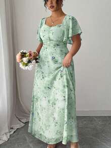 Modelyn Women's Chiffon Butterfly Print Batwing Sleeve Pleated Sweet French Style Summer Dress - Green - View 5